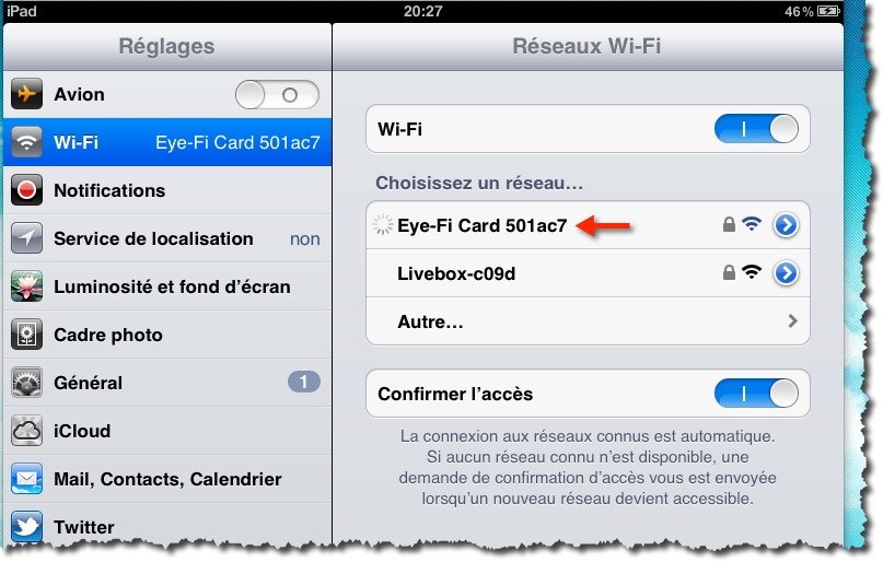 Activer le EyeFi sur votre Ipad.