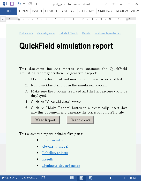 Simulation problem report generator QuickField FEA Software