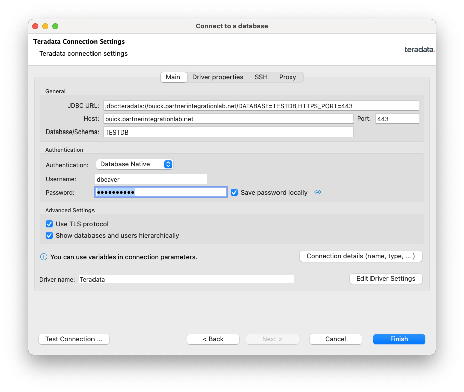 Configure a Teradata Vantage connection in DBeaver Teradata Getting