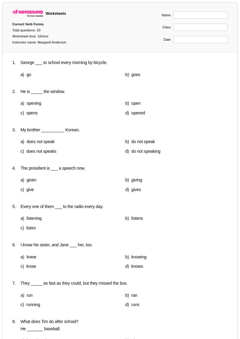 50+ Verb Forms worksheets for Class 10 on Wayground Free & Printable(08)