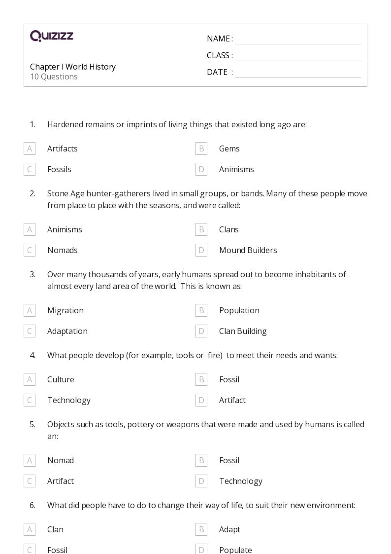 50+ World History worksheets for 1st Class on Quizizz | Free & Printable