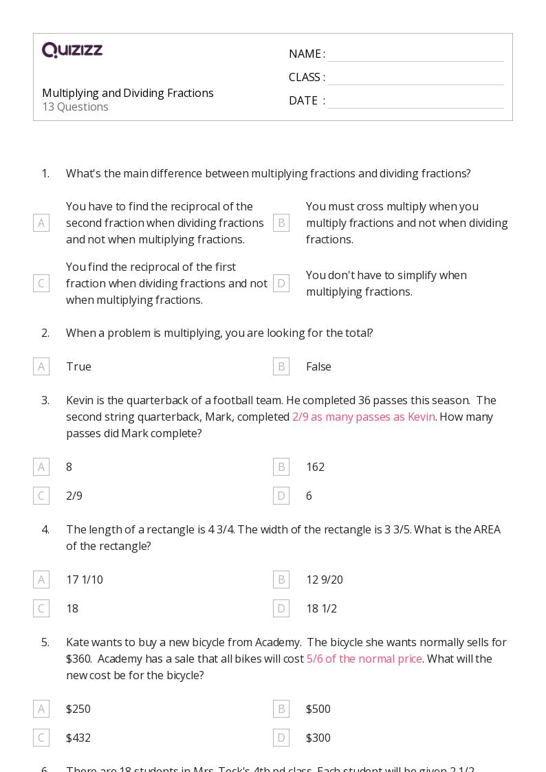 50+ Multiplying and Dividing Fractions worksheets on Quizizz Free
