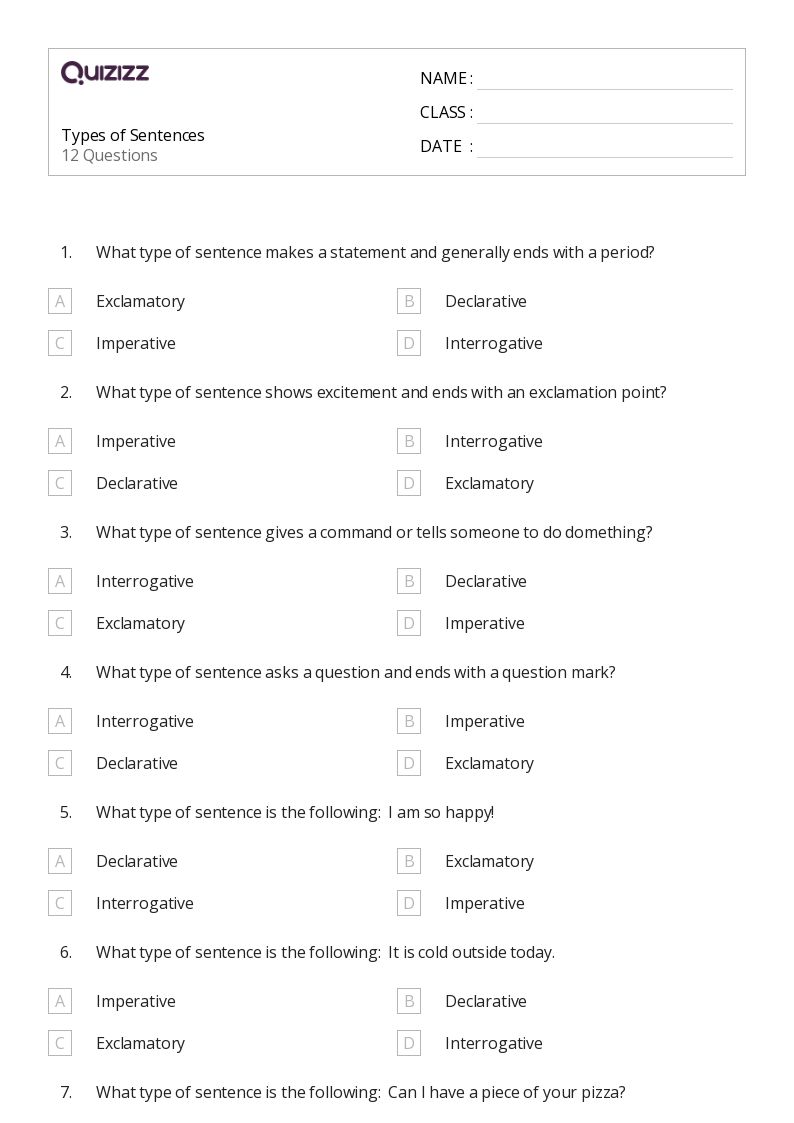 50+ Types of Sentences worksheets for 6th Class on Quizizz Free & Printable
