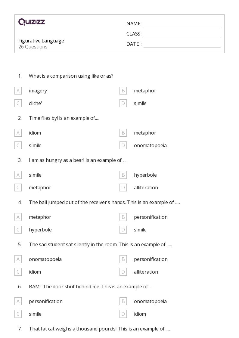 50+ Figurative Language worksheets on Quizizz Free & Printable