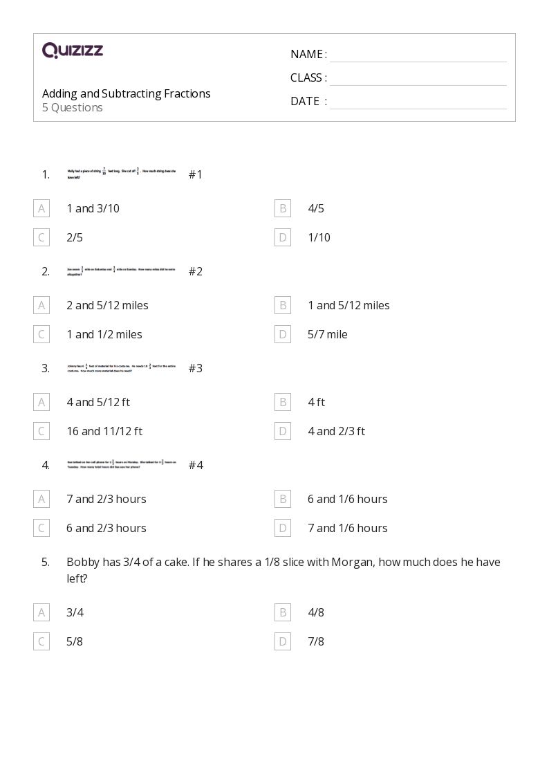 50+ Subtracting Fractions worksheets for Kindergarten on Quizizz Free & Printable