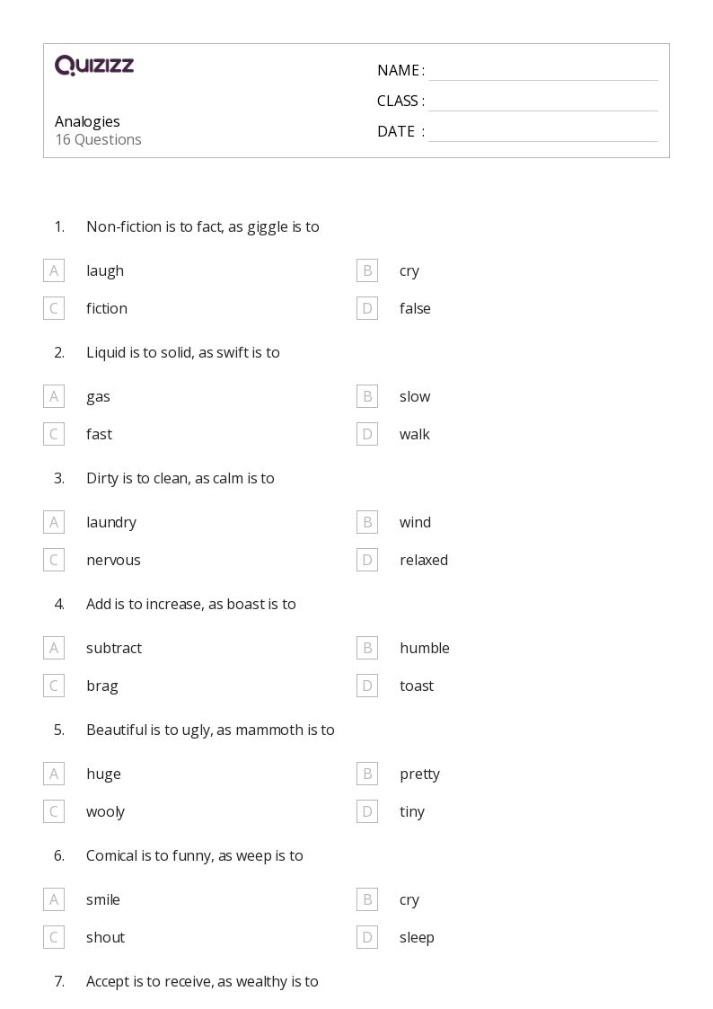 50+ Analogies worksheets for Kindergarten on Quizizz Free & Printable