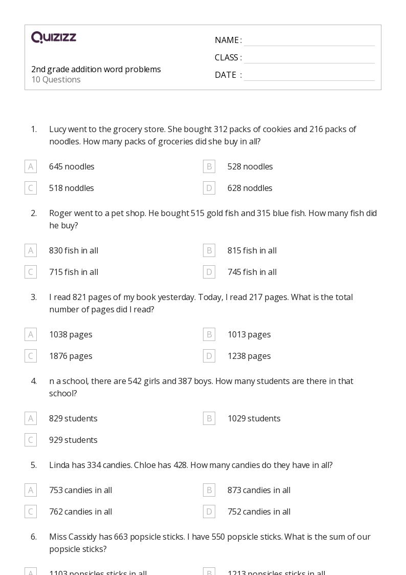 50+ Addition Word Problems worksheets for 2nd Class on Quizizz Free & Printable