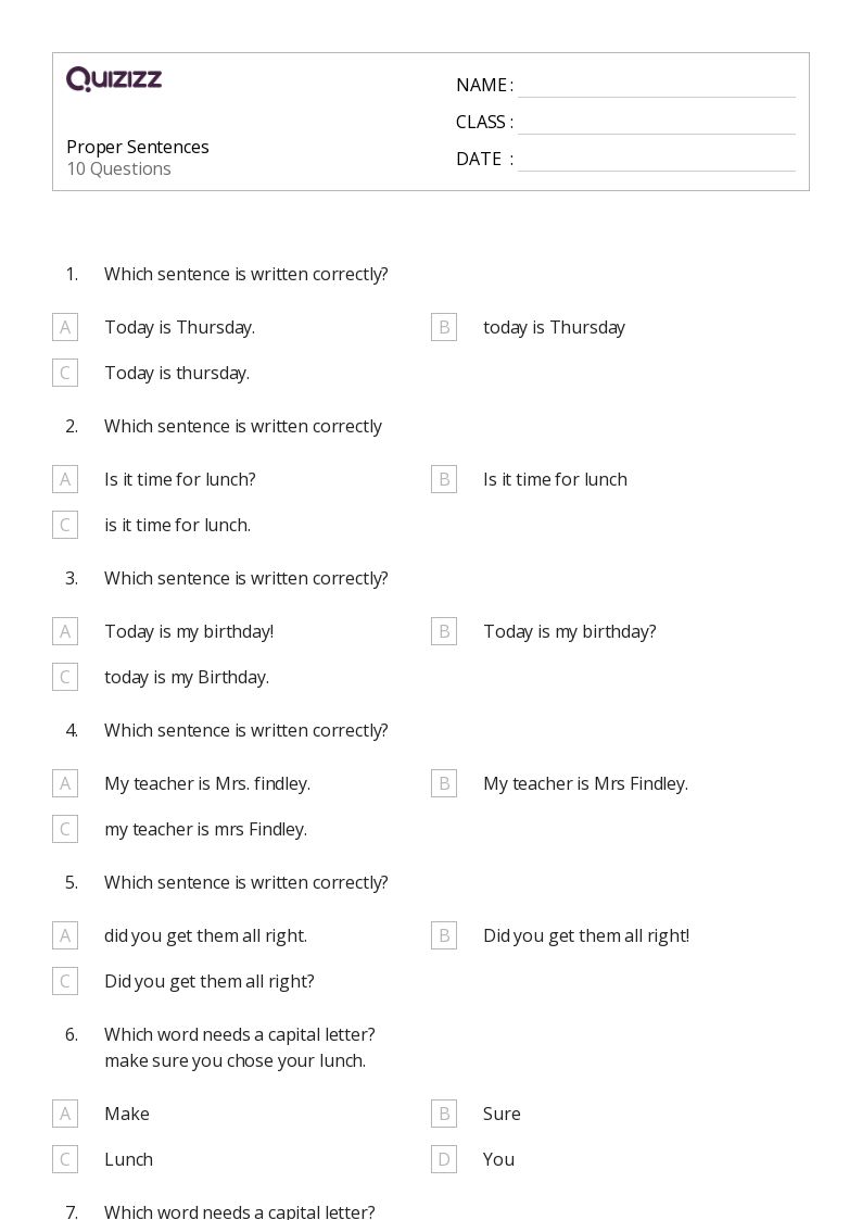 50+ Sentences worksheets for Kindergarten on Quizizz Free & Printable