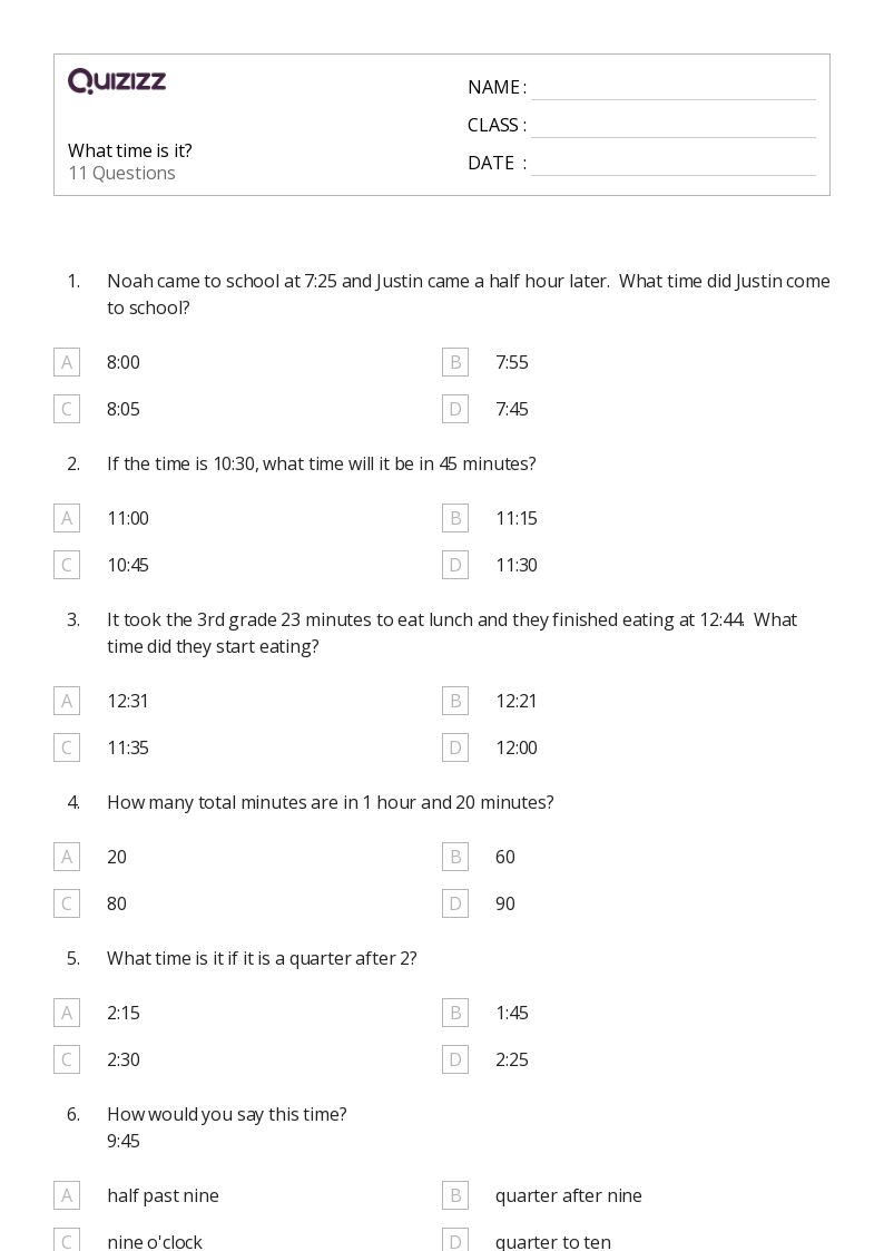 50+ Time to the Quarter Hour worksheets for 4th Grade on Quizizz Free