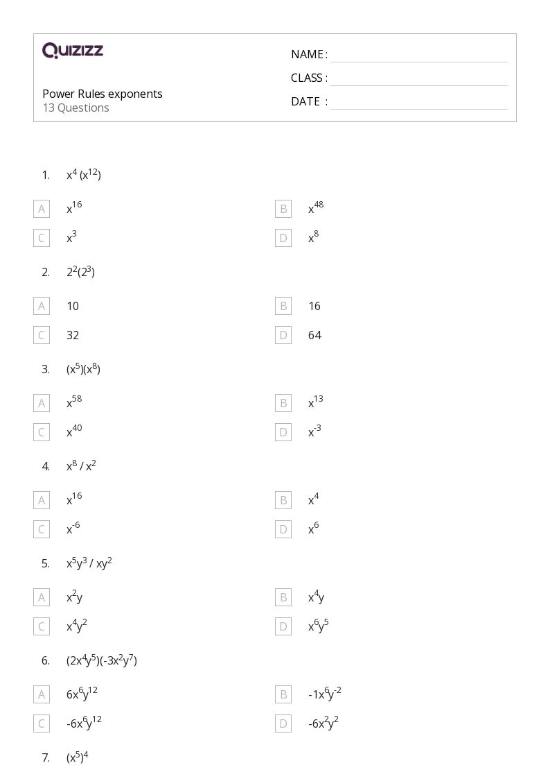 50+ Exponents worksheets for Kindergarten on Quizizz Free & Printable