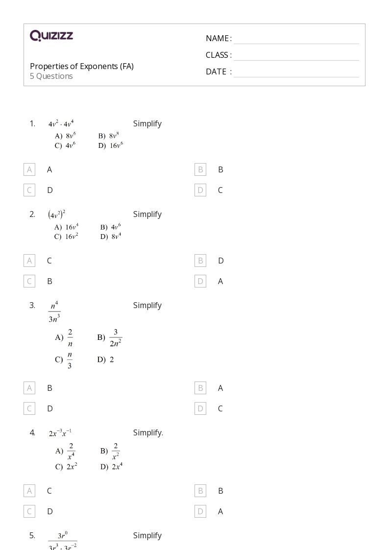 50+ Properties of Exponents worksheets for 6th Grade on Quizizz | Free