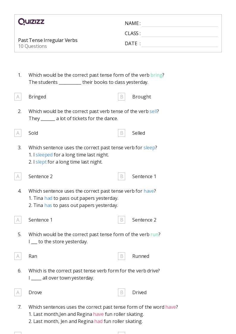 50+ Irregular Verbs worksheets on Quizizz | Free & Printable
