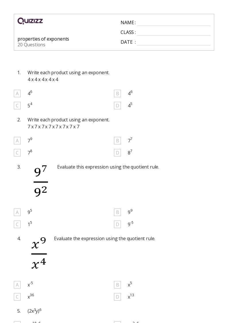 50+ Properties of Exponents worksheets on Quizizz | Free & Printable