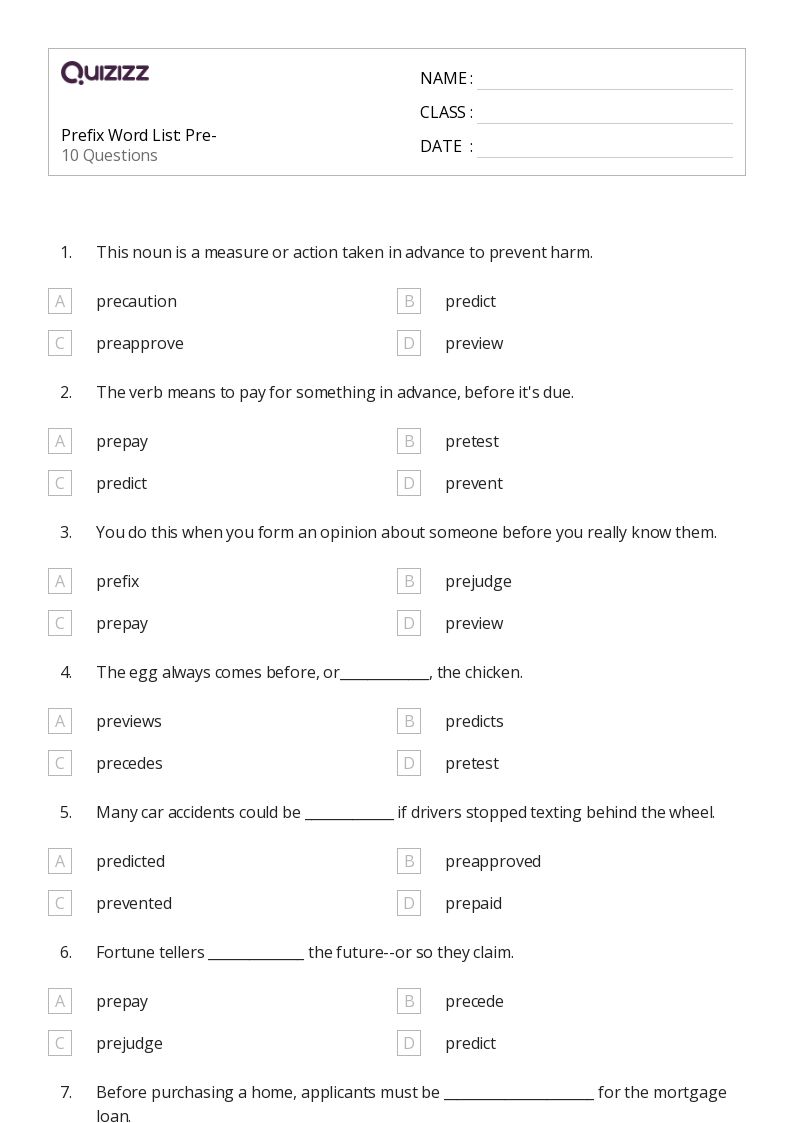 50+ Prefixes worksheets for Kindergarten on Quizizz Free & Printable