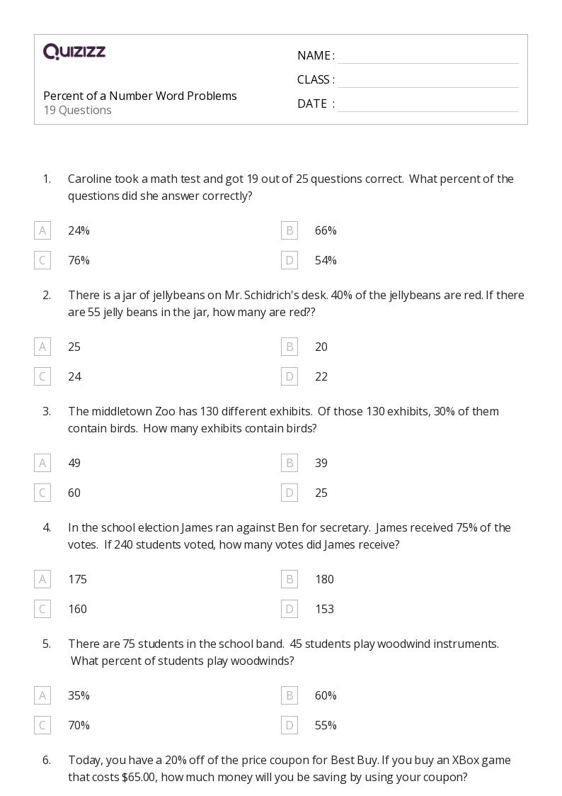 50+ Percent Problems worksheets for Kindergarten on Quizizz Free & Printable