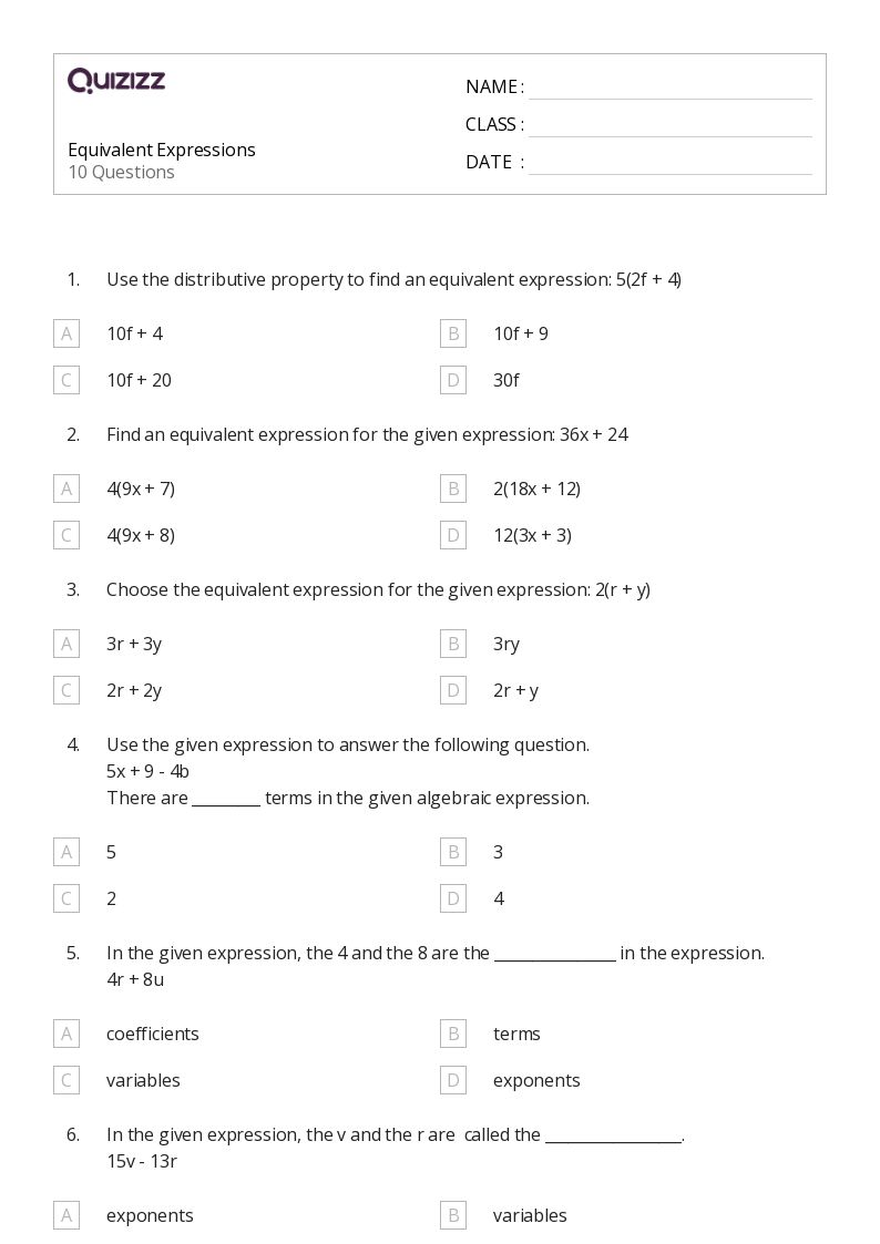 50+ Equivalent Expressions worksheets for 6th Grade on Quizizz | Free