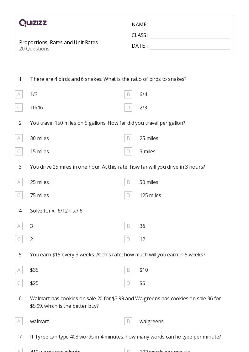 50+ Unit Rates worksheets for Kindergarten on Quizizz | Free & Printable
