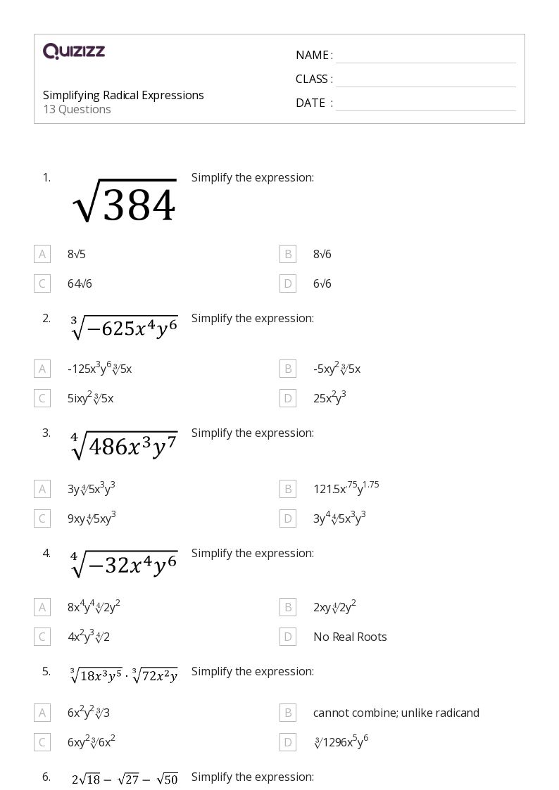 50+ Radical Expressions worksheets for 9th Class on Quizizz | Free