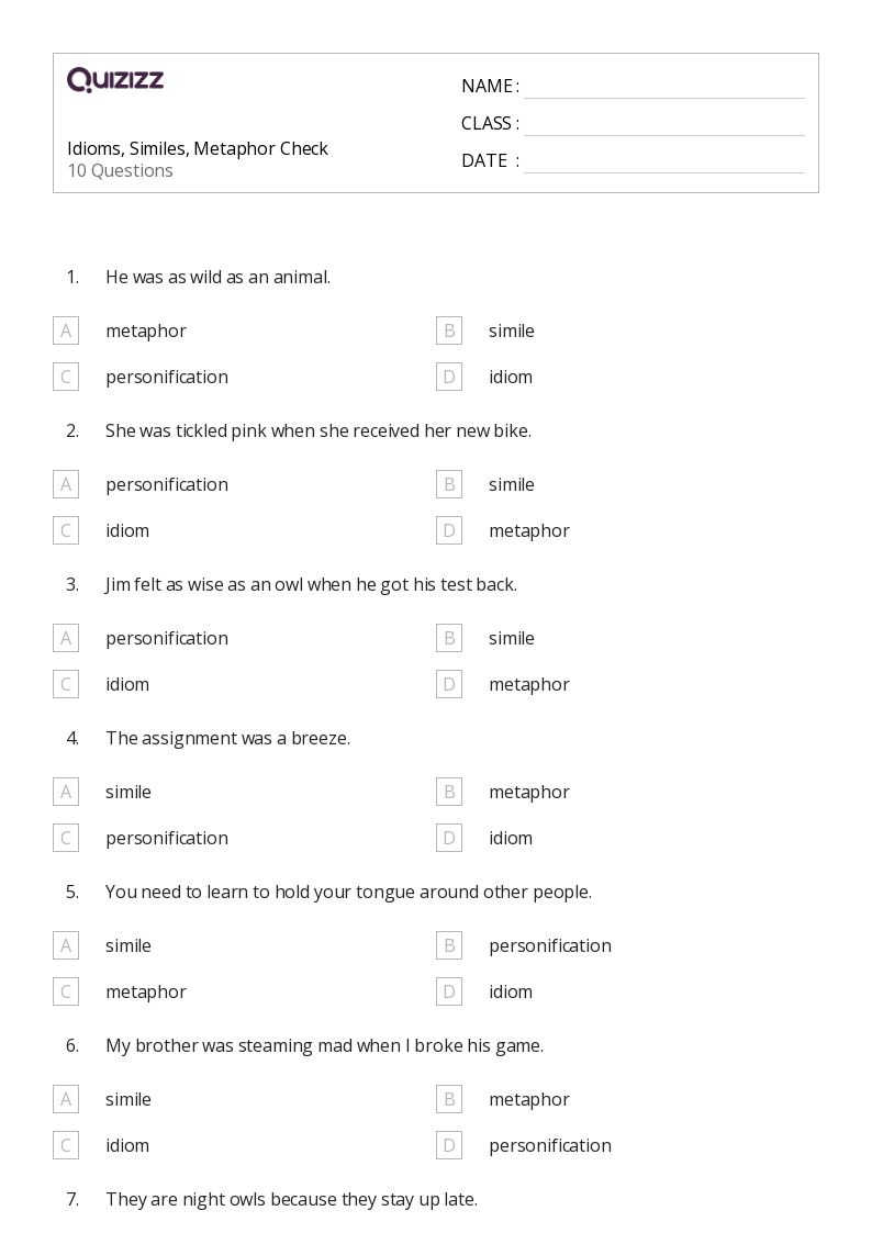 50+ Similes worksheets for Kindergarten on Quizizz Free & Printable