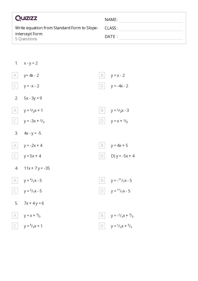 50+ SlopeIntercept Form worksheets for Kindergarten on Quizizz Free