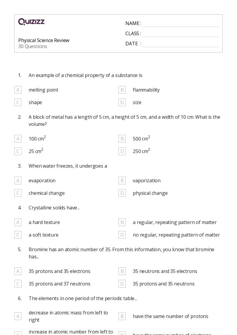 50+ Physical Science worksheets on Quizizz Free & Printable