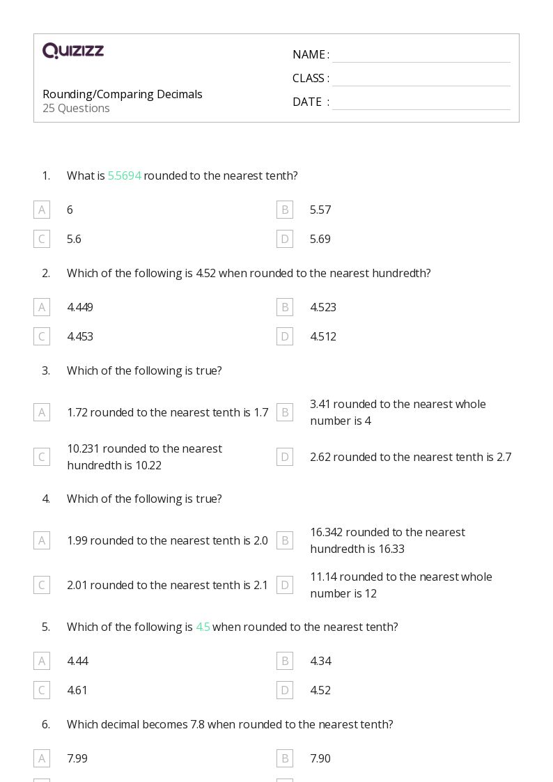 50+ Rounding Decimals worksheets for Kindergarten on Quizizz Free & Printable