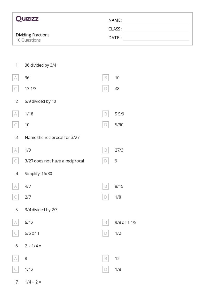 50+ Dividing Fractions worksheets for 5th Grade on Quizizz Free & Printable