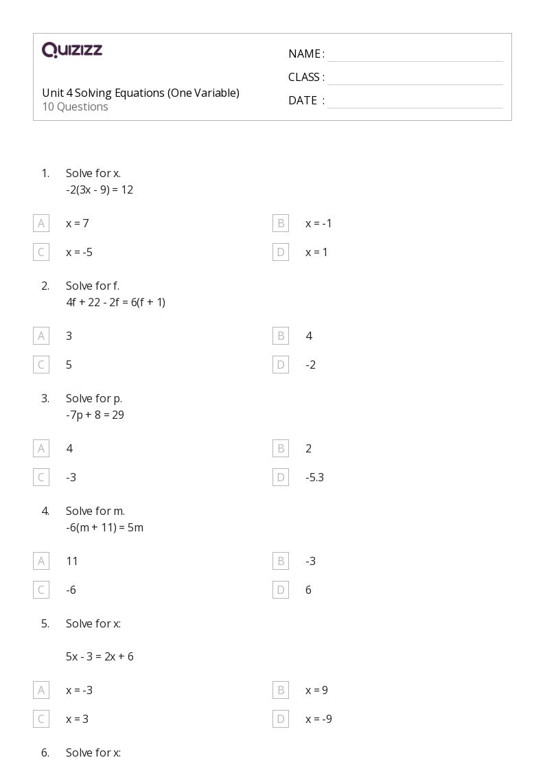 50+ OneVariable Equations worksheets on Quizizz Free & Printable