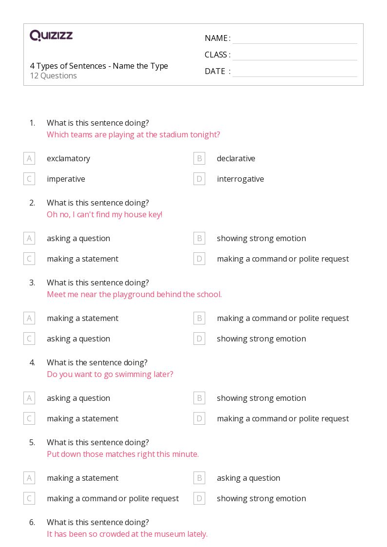 50+ Types of Sentences worksheets for 6th Grade on Quizizz Free & Printable