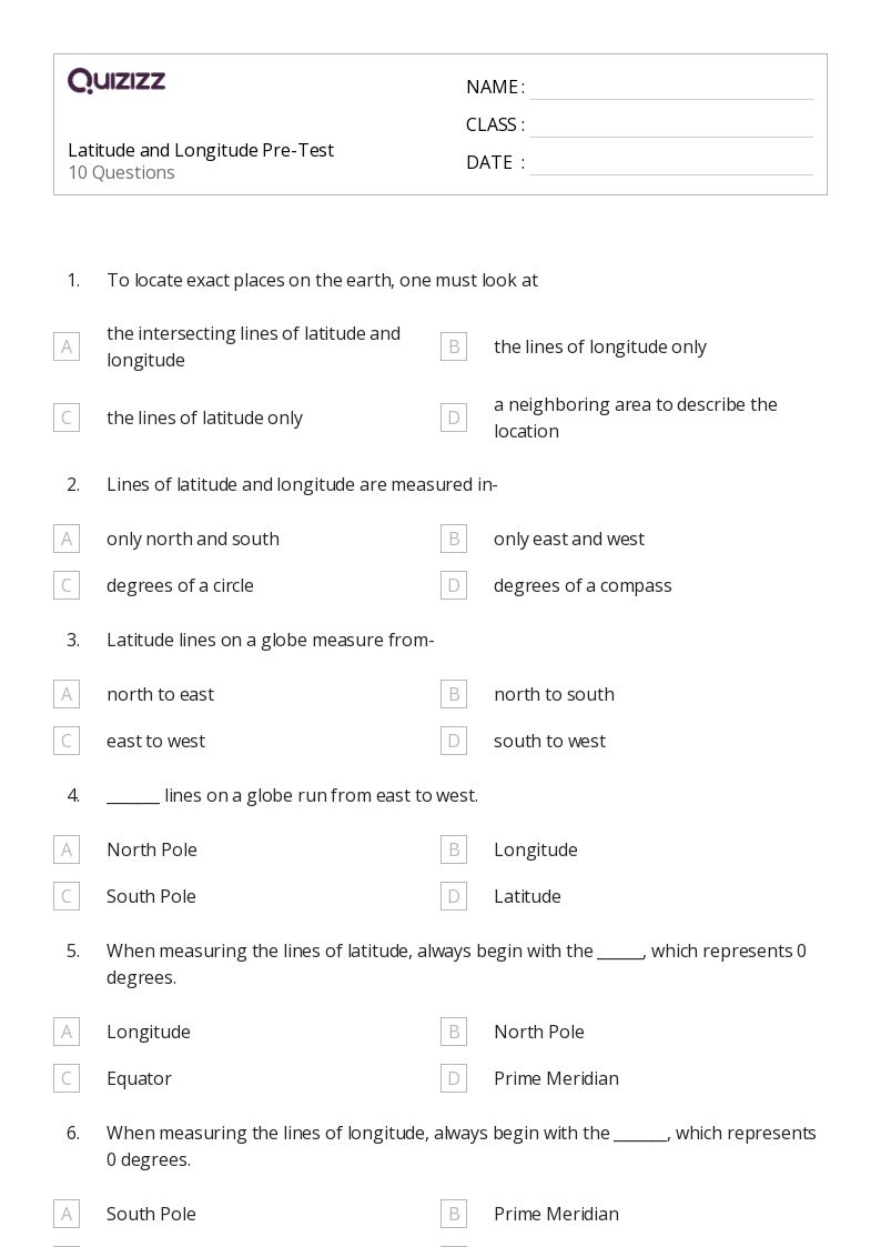 50+ latitude and longitude worksheets for 6th Grade on Quizizz Free & Printable