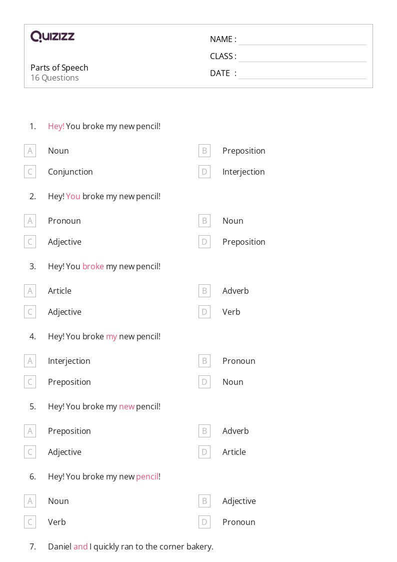 50+ Parts of Speech worksheets for 6th Class on Quizizz Free & Printable