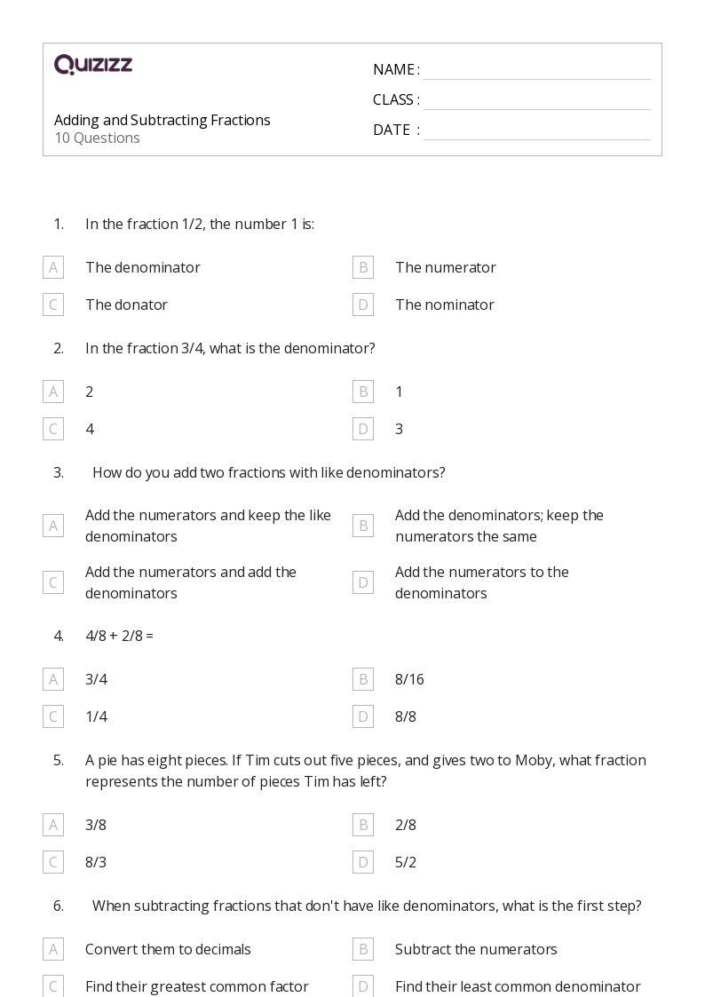 50+ Adding Fractions with Like Denominators worksheets for 7th Grade on Quizizz Free & Printable