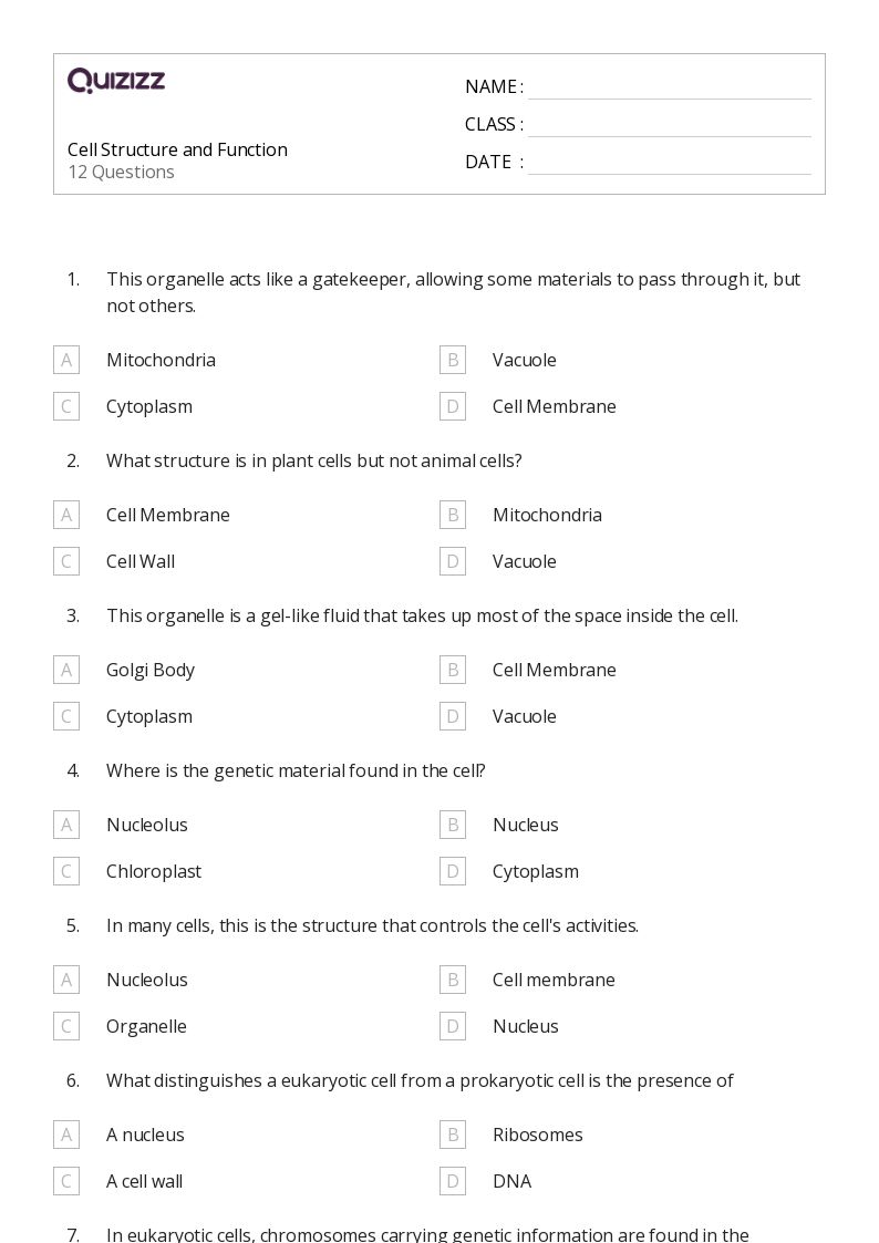 50+ structure of a cell worksheets for 9th Class on Quizizz Free & Printable