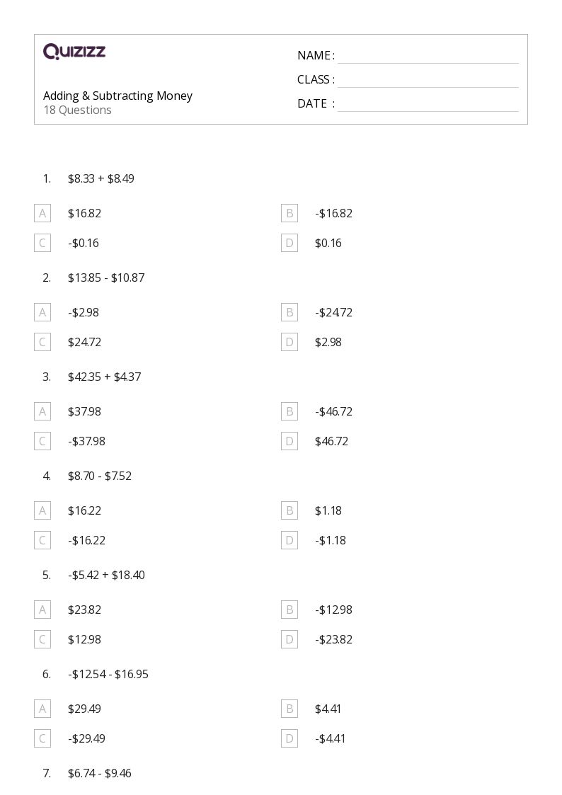 50+ Subtracting Money worksheets for 7th Grade on Quizizz Free & Printable