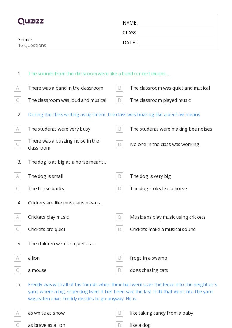 50+ Similes worksheets on Quizizz Free & Printable