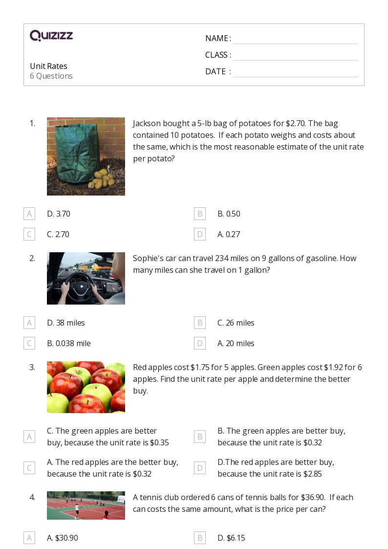 Printable Unit Rates Worksheets for Class 8 Quizizz