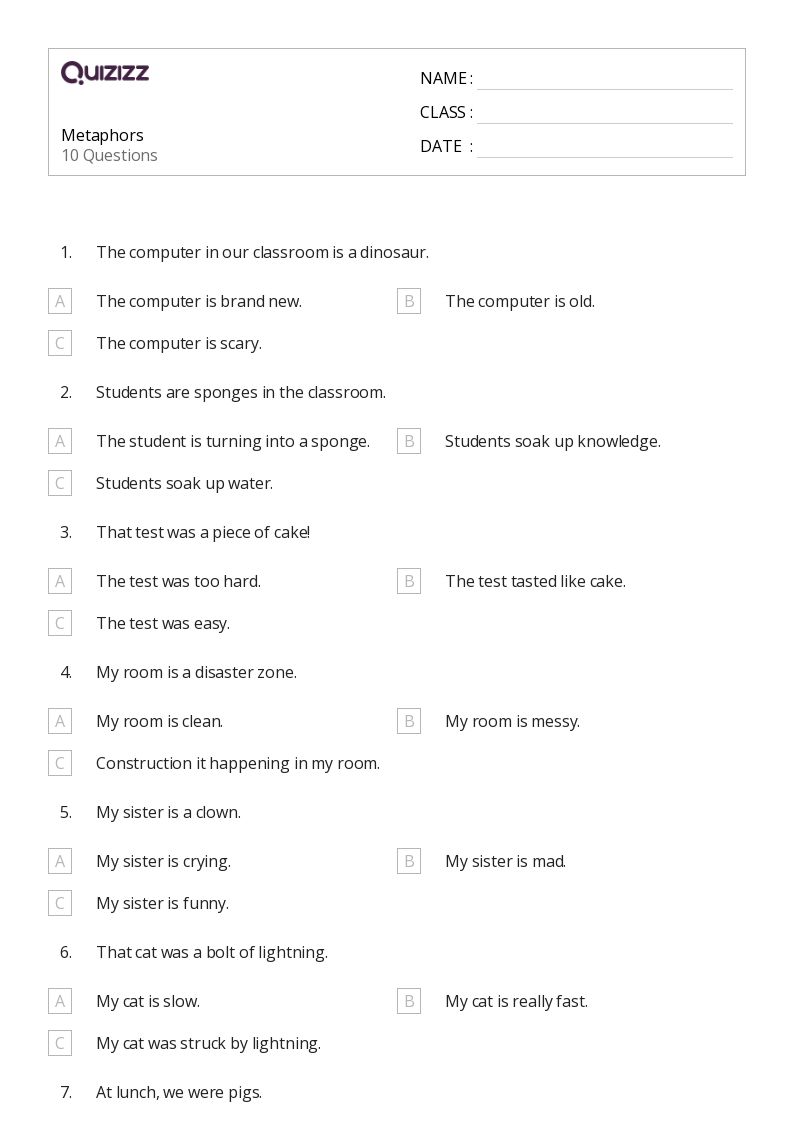 50+ Metaphors worksheets for 3rd Class on Quizizz Free & Printable