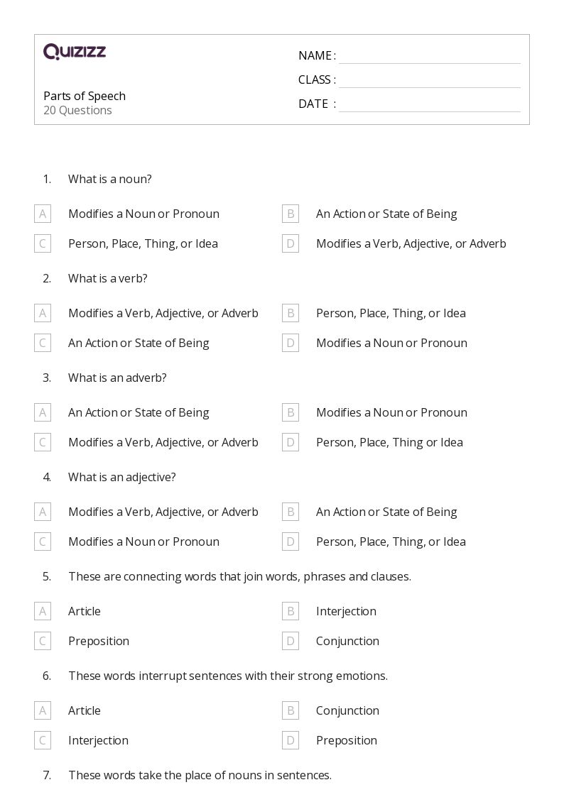 50+ Parts of Speech worksheets for 6th Class on Quizizz Free & Printable