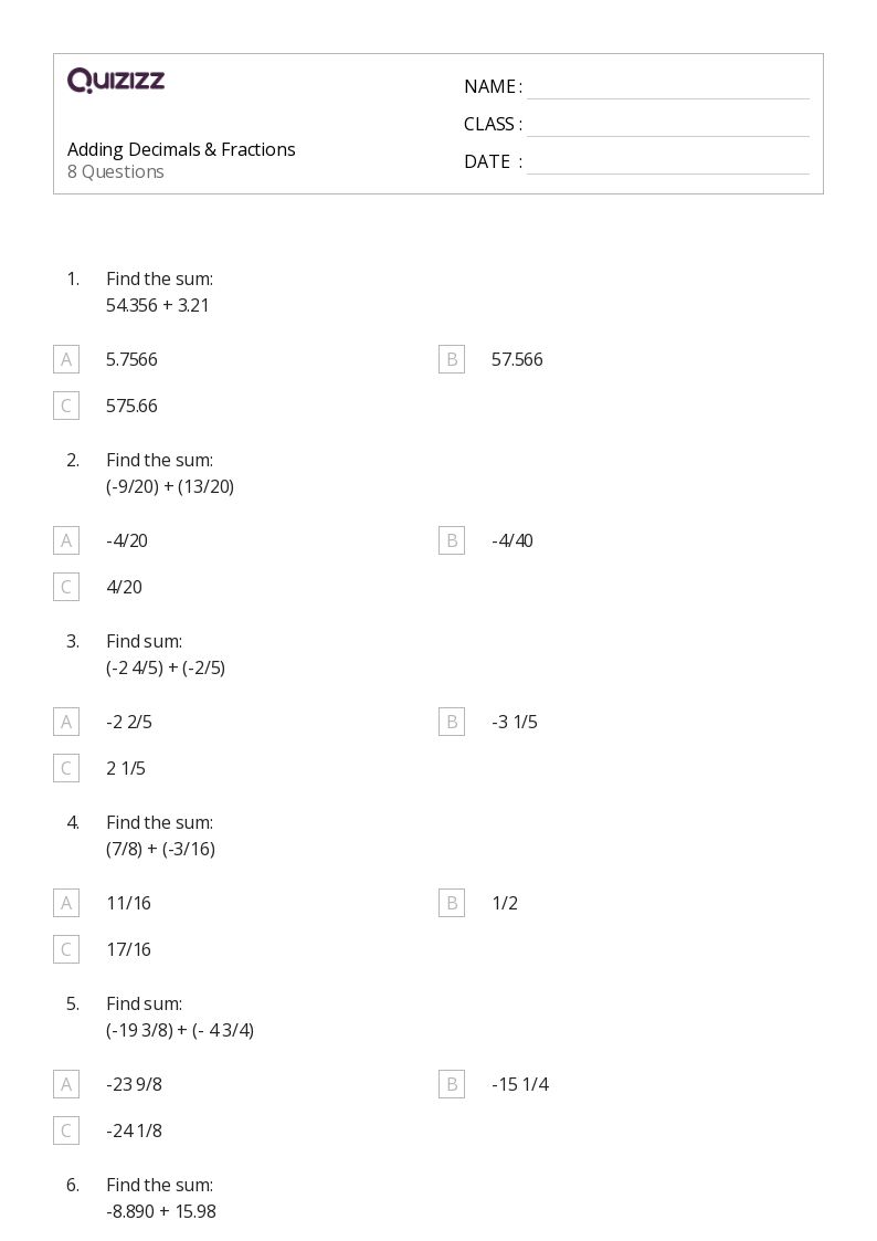 50+ Adding Decimals worksheets for 7th Grade on Quizizz Free & Printable