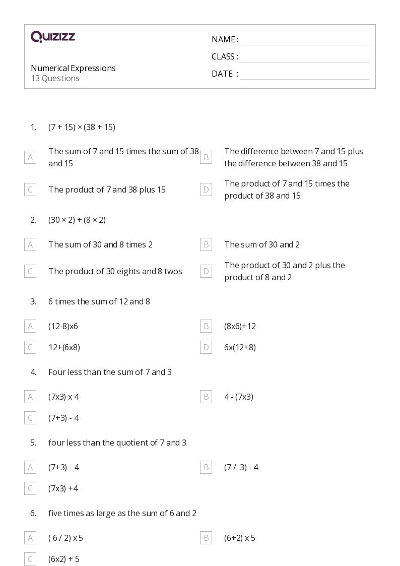 50+ Expressions worksheets for 5th Grade on Quizizz Free & Printable