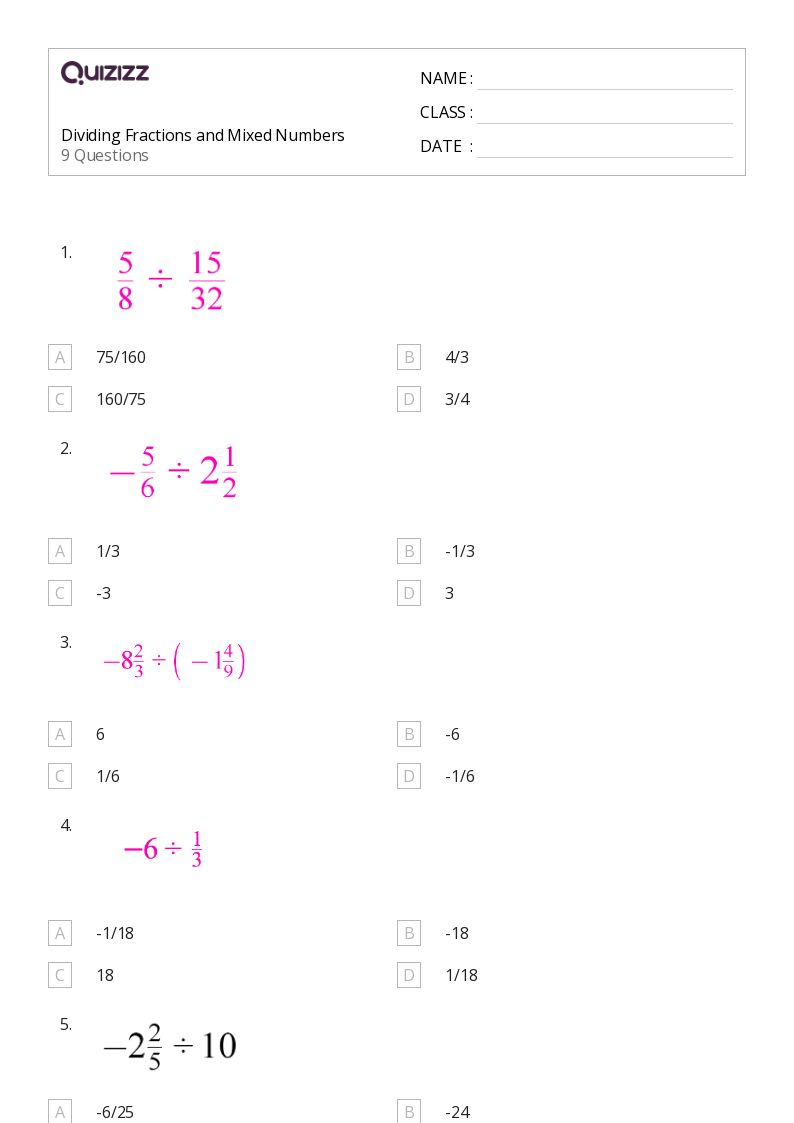 50+ Dividing Fractions worksheets for 8th Grade on Quizizz Free