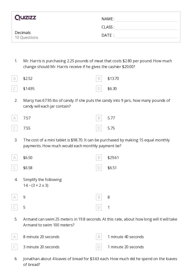 50+ Decimals worksheets for 5th Grade on Quizizz Free & Printable