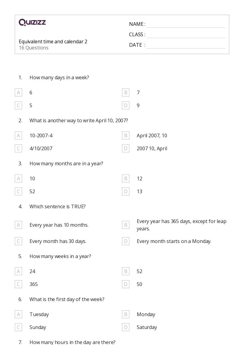 50+ Days, Weeks, and Months on a Calendar worksheets on Quizizz | Free