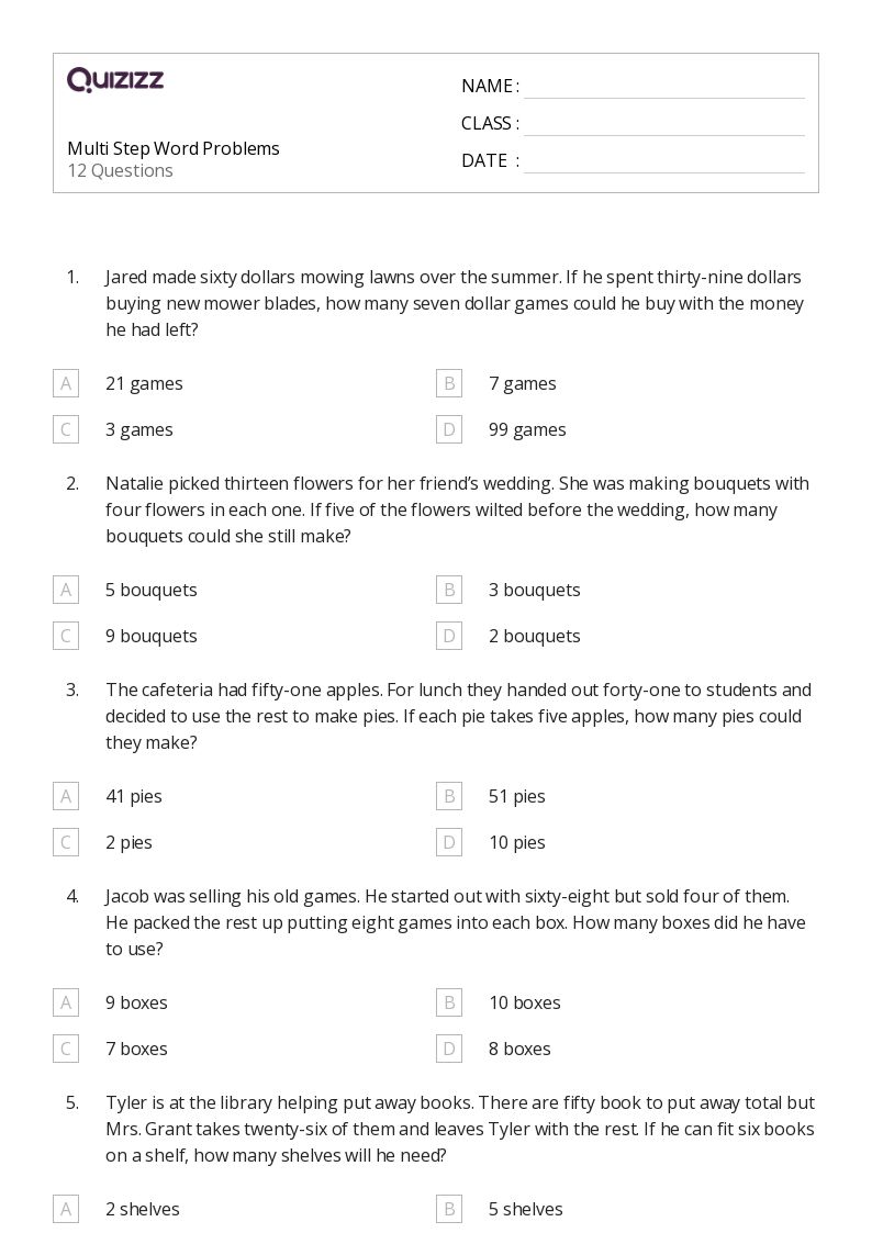 50+ MultiStep Word Problems worksheets for 4th Grade on Quizizz Free