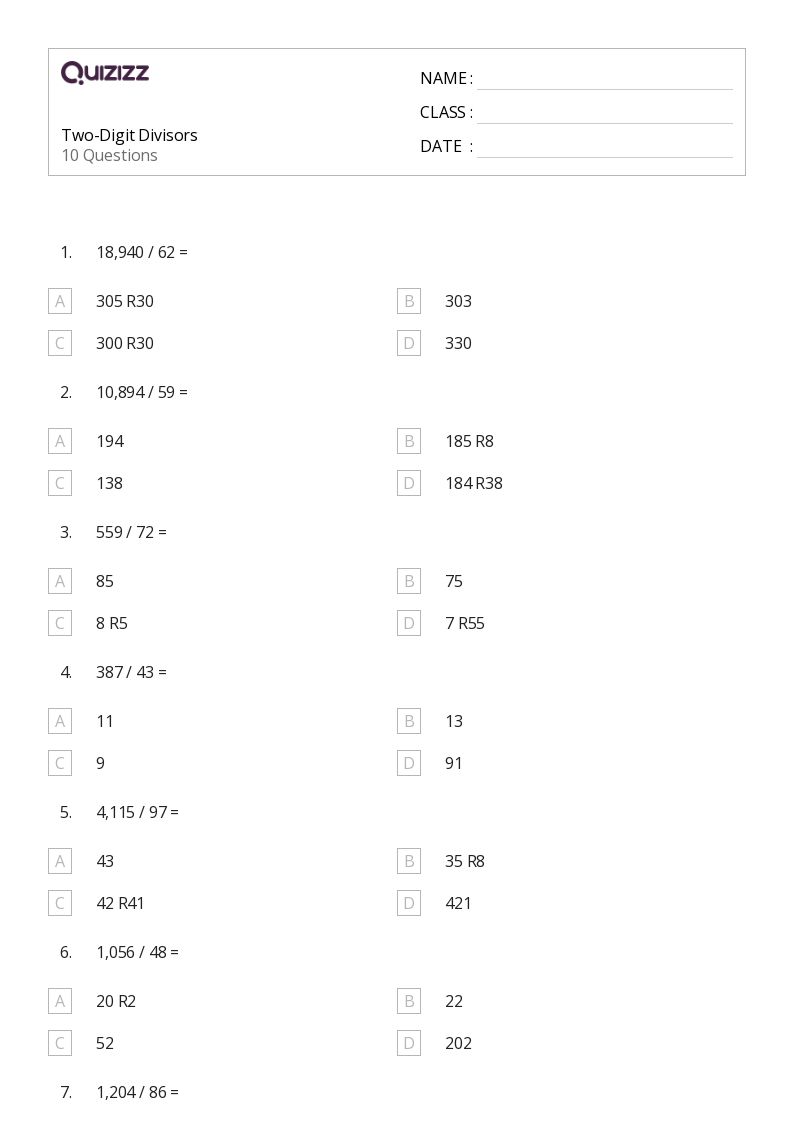 50+ Division with Two-Digit Divisors worksheets on Quizizz | Free