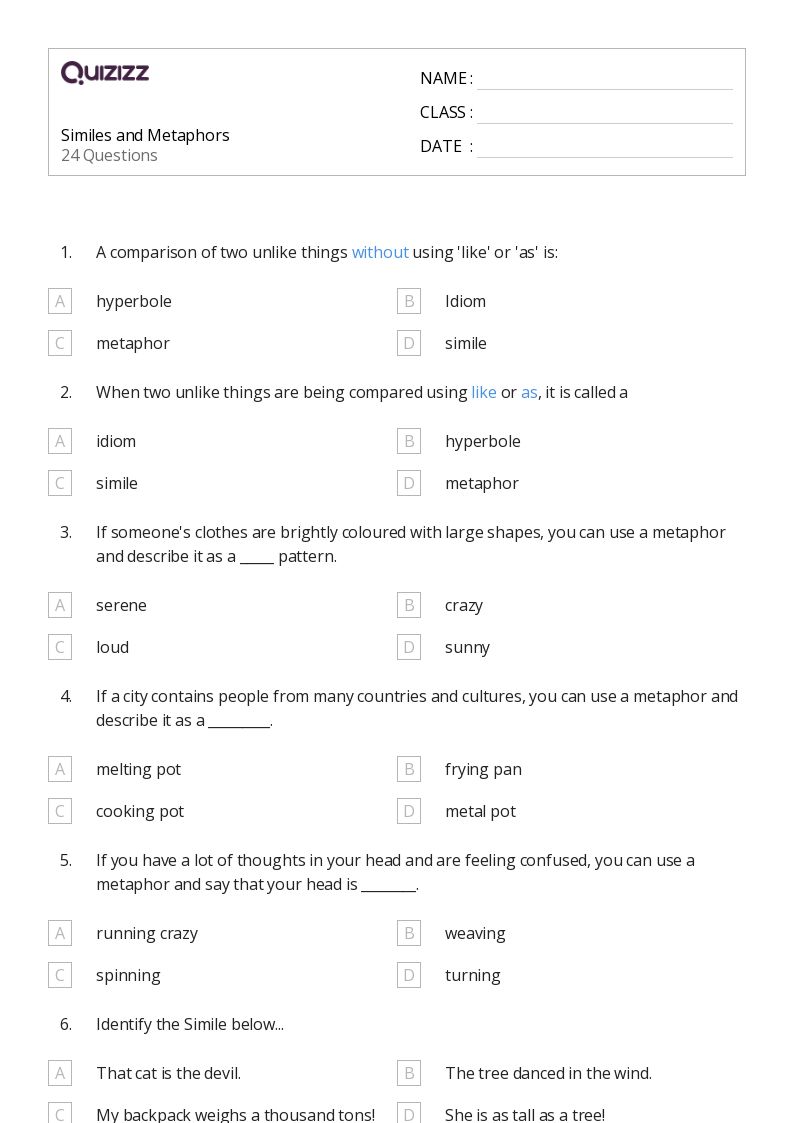 50+ Metaphors worksheets for 7th Grade on Quizizz Free & Printable