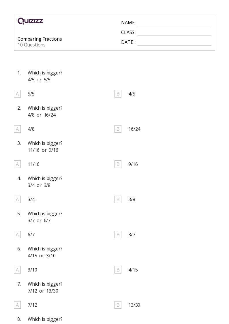 50+ Comparing Fractions worksheets for 6th Grade on Quizizz Free & Printable