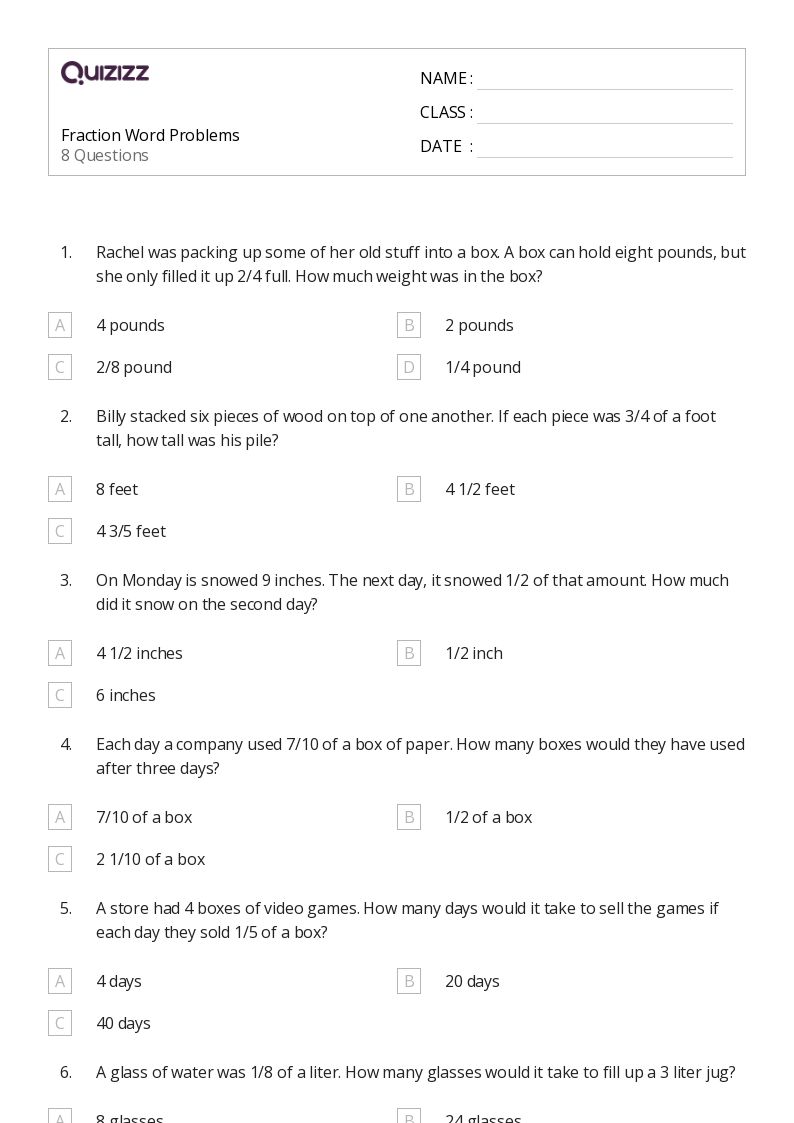 50+ Fraction Word Problems worksheets for 6th Grade on Quizizz | Free