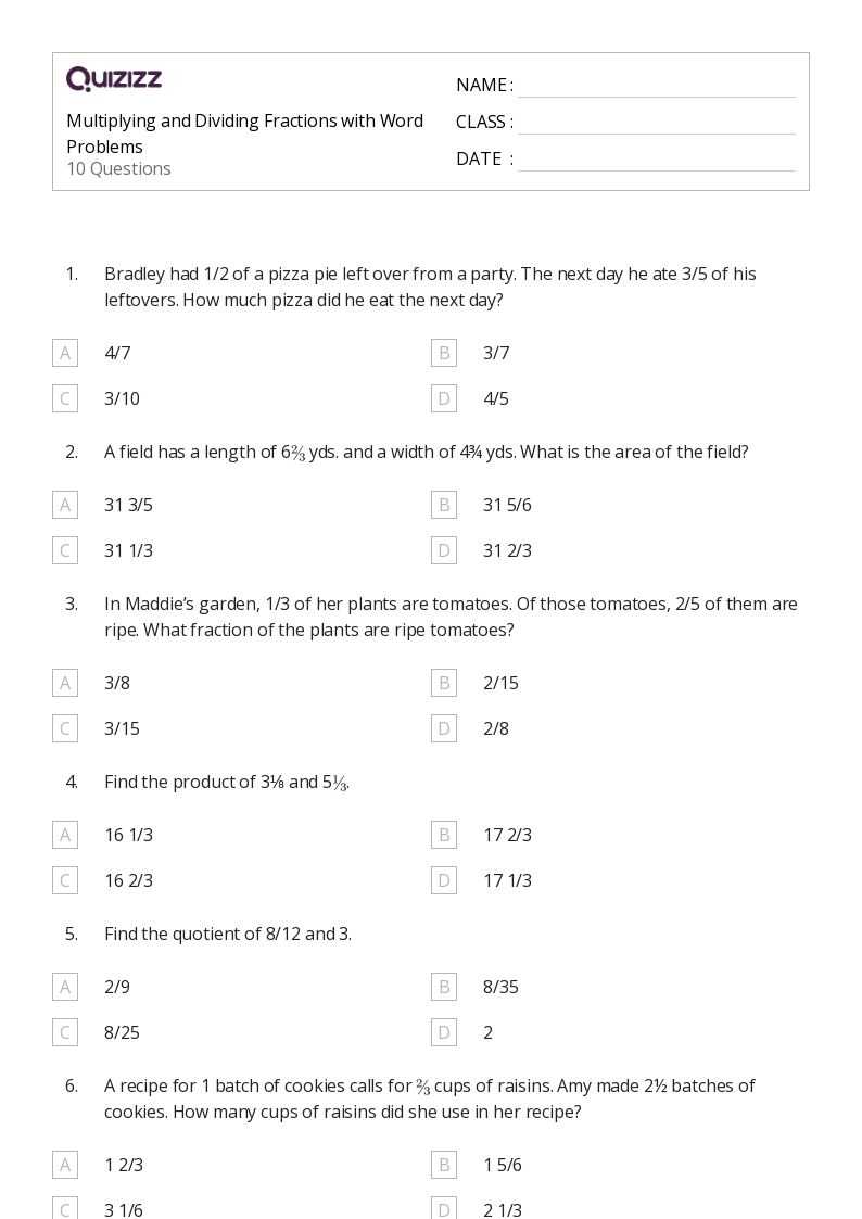 50+ Multiplying and Dividing Fractions worksheets for 6th Grade on Quizizz Free & Printable