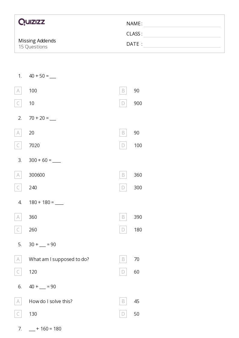 50+ Addition and Missing Addends worksheets for 4th Grade on Quizizz Free & Printable
